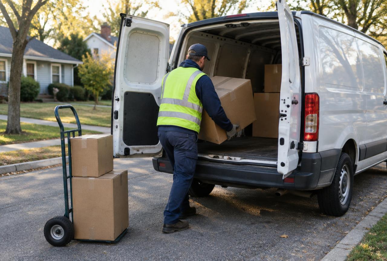 A driver loading a parcel into the back of a cargo delivery van on a suburban street