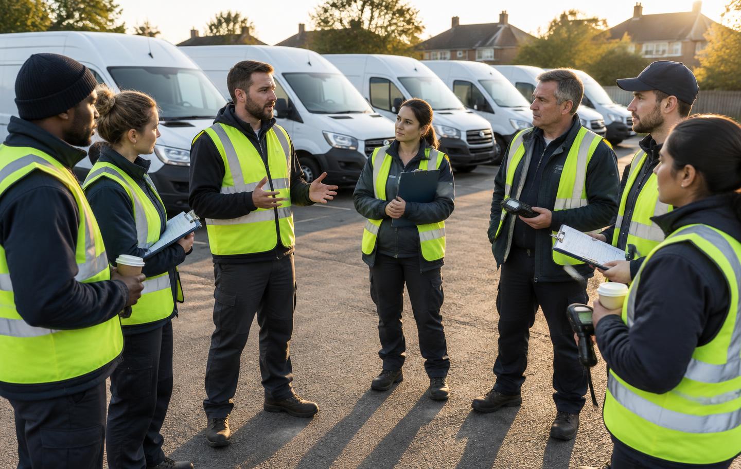 The Accuswift delivery team gathered for a morning stand-up in front of a row of delivery vans